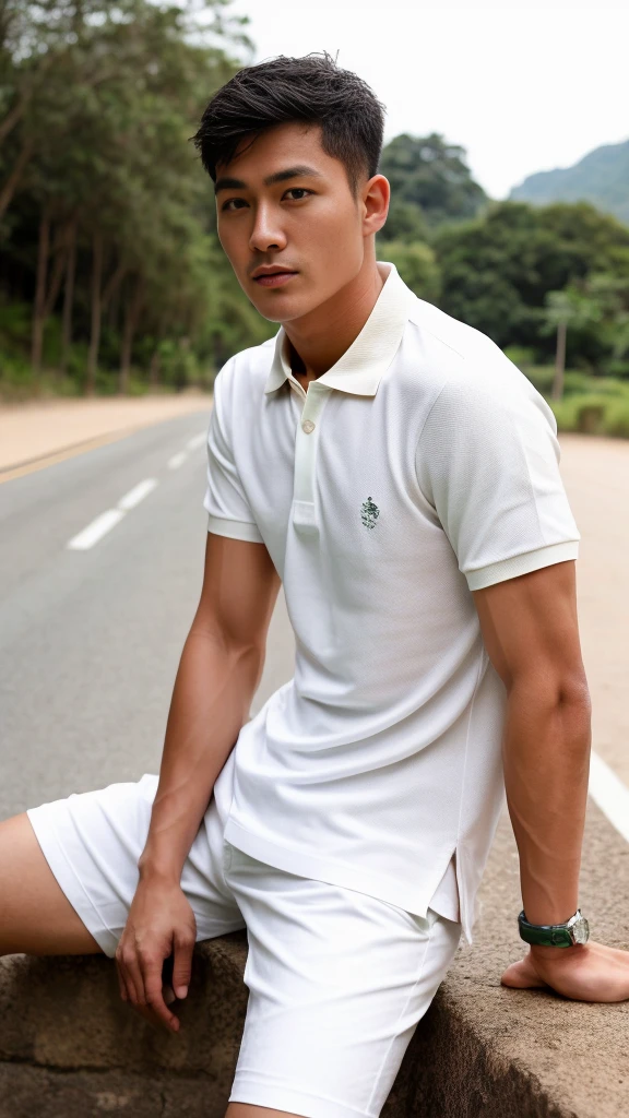 Thai man ,man,He is about 30 years old..,Rough and handsome appearance,large breastsj,Big waistline,buzz cut, angry, sullen, best quality, Masterpiece,(Have muscles:4.5),(best quality,high resolution,Masterpiece:1.2),The eyes are natural and delicate..,1 person,alone,gay asian,muscle,Long legs,brave,short hair details,conjunctivitis ,strong,brown eyes, (outdoor background road :1.5),In the swimming pool,sitting on the side of the road, (White Polo Shirt:1.3),Jeans
