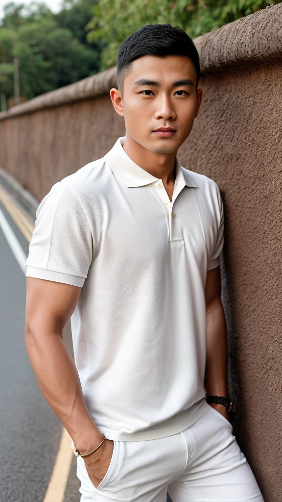 Thai man ,man,He is about 30 years old..,Rough and handsome appearance,large breastsj,Big waistline,buzz cut, angry, sullen, best quality, Masterpiece,(Have muscles:4.5),(best quality,high resolution,Masterpiece:1.2),The eyes are natural and delicate..,1 person,alone,gay asian,muscle,Long legs,brave,short hair details,conjunctivitis ,strong,brown eyes, (outdoor background road :1.5),In the swimming pool,sitting on the side of the road, (White Polo Shirt:1.3),Jeans