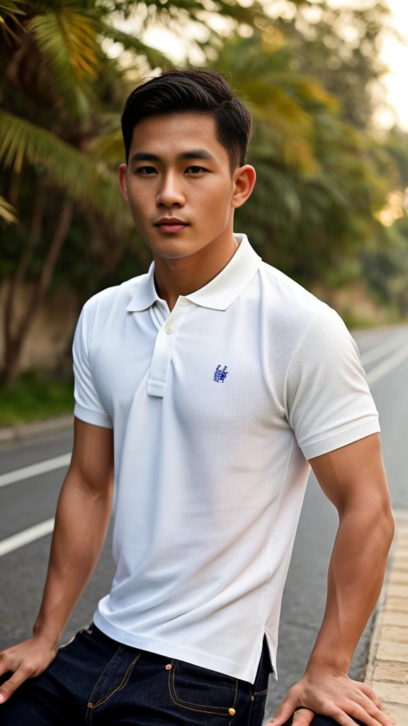 Thai man ,man，He is about 30 years old..，Rough and handsome appearance，large breastsj，Big waistline，buzz cut, angry, sullen, best quality, Masterpiece，（Have muscles：4.5），(best quality,high resolution,Masterpiece:1.2),The eyes are natural and delicate..,1 person,alone,gay asian,muscle,Long legs,brave,short hair details,conjunctivitis ,strong,brown eyes, (outdoor background road :1.5)，In the swimming pool，sitting on the side of the road, (White Polo Shirt:1.3),Jeans