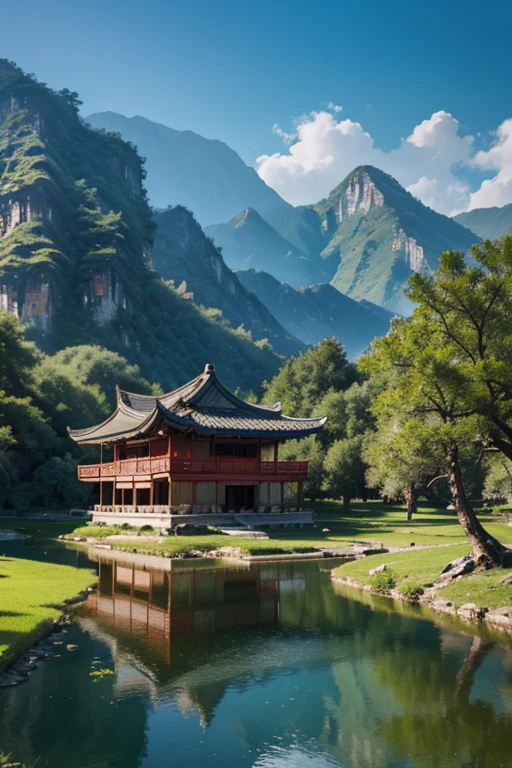 Yulong Valley in Yunnan Province, China, ancient chinese pavilion, ดอกไม้,สายลม,Highly detailed images,uhd, 4K,8k realistic