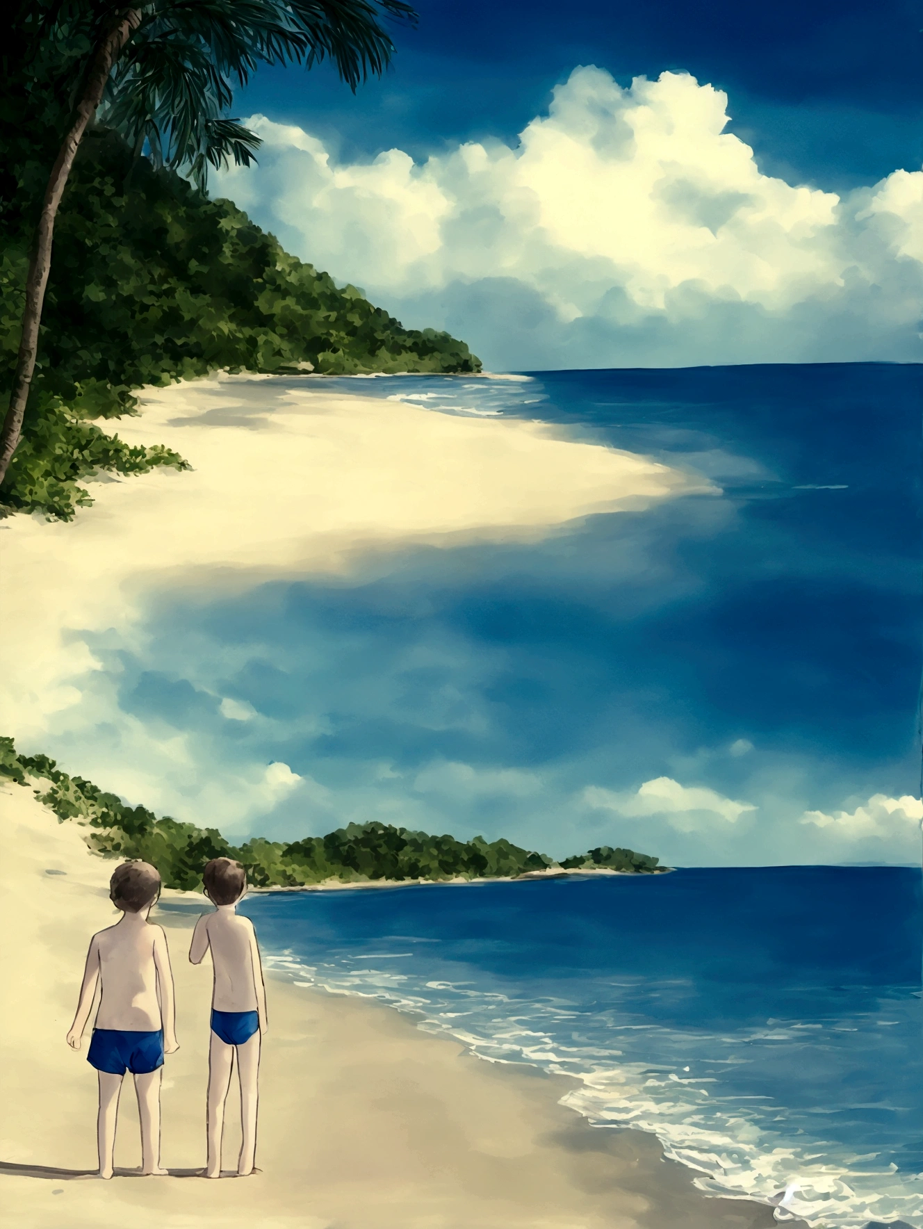 A little boy in swim suit on a beach at evening looking at a water monster who's coming out of the water and the monster is like a water and the boy is scared the beach is very beautiful