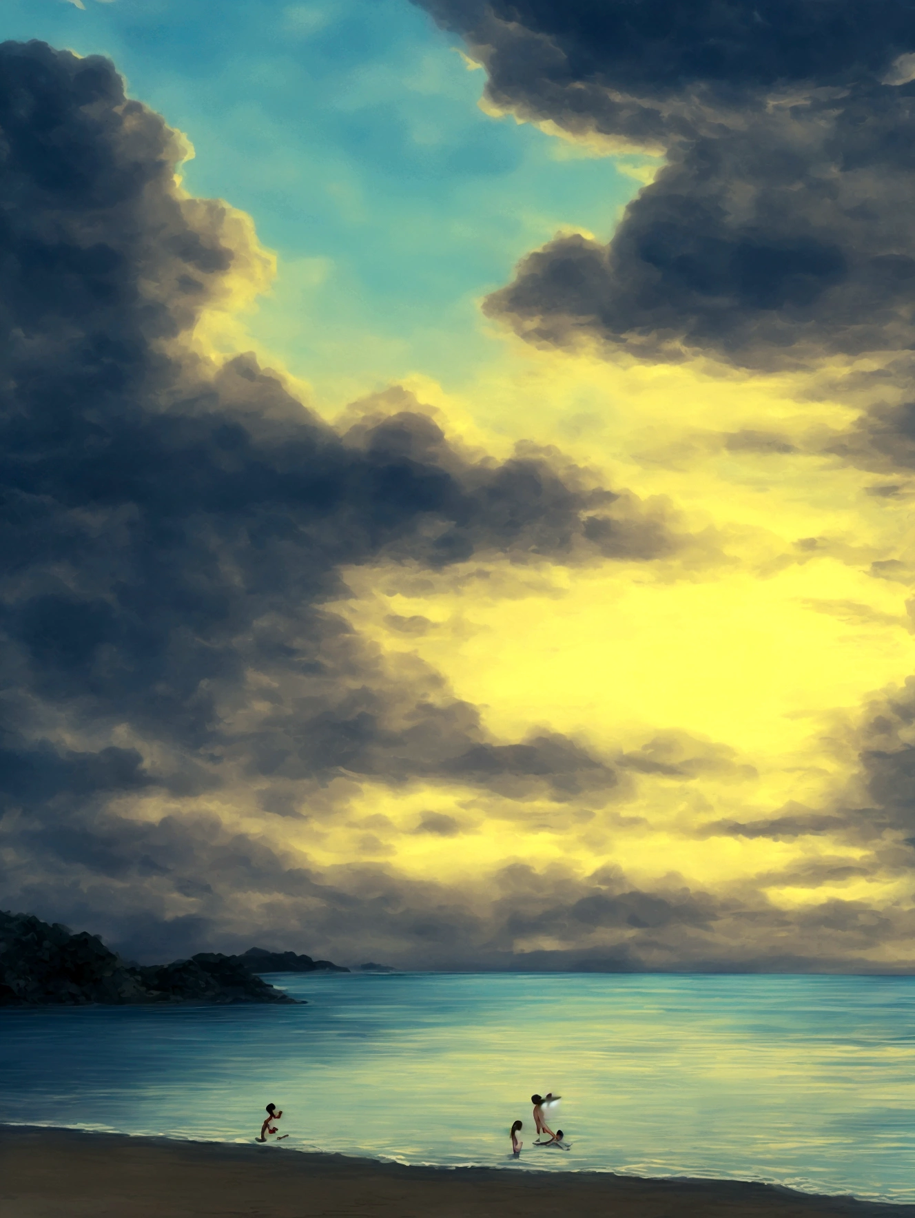 A little boy in swim suit on a beach at evening looking at a water monster who's coming out of the water and the monster is like a water and the boy is scared the beach is very beautiful