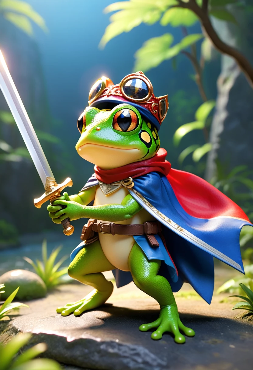 Esbian all over、Cool Frog、Pop Frog、Diorama、Simple Background、bandana、Holding a big sword in his hand、Brave、Cape、Best Quality, Capture the cutest moments, Depth of written boundary, Super detailed, Ultra-high resolution, Octadale, 8k, 16km race