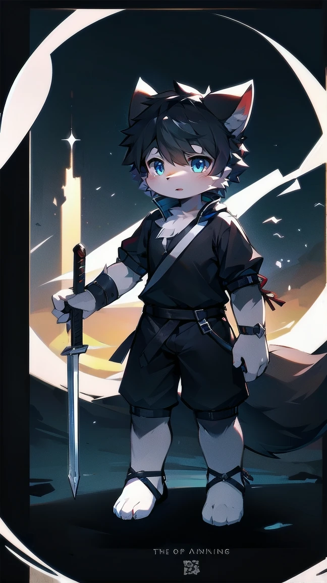 White Wolf，black hair，Sky blue eyes，hairy，Wolf ears，Wolf tail，Full body portrait，The character is in the center of the frame，Handsome，Confident eye***but，juvenile，Black and white combat uniform，Red neck bib，Black shorts，Short sleeve，hairy arms and legs，Dark background，Dark battlefield，dawn，sunrise，dawn，illumination，shadow，Swordsman，Scabbard and Hold the hilt of a in your hand，The scabbard is at the waist，Highest quality,A tall stature