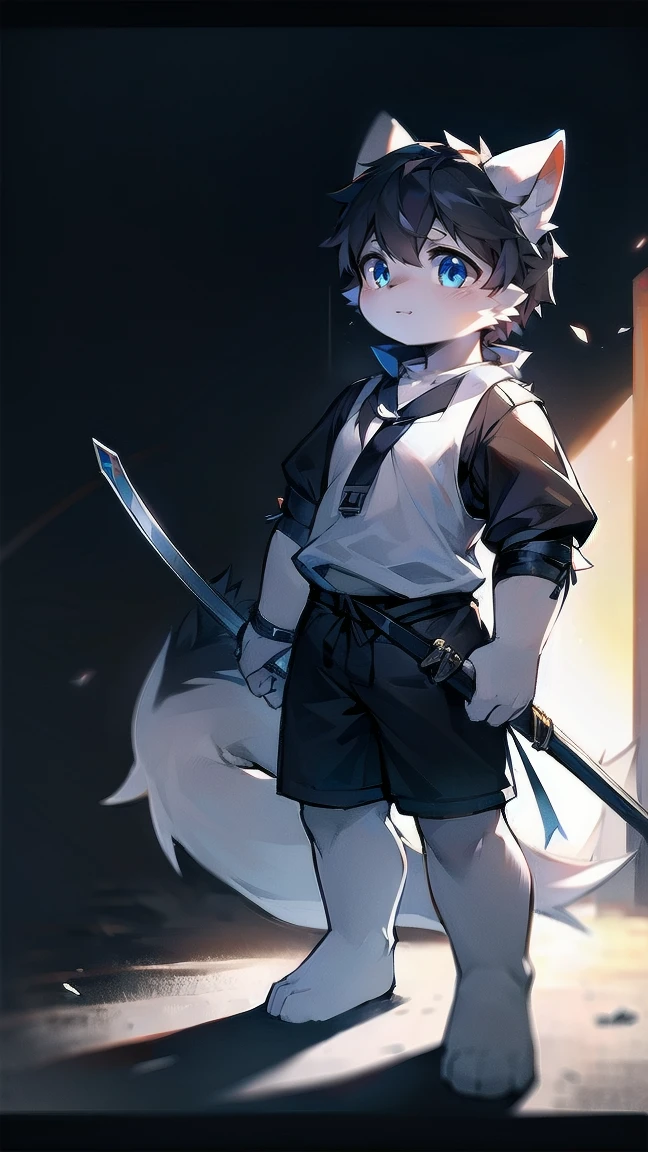 White Wolf,black hair,Sky blue eyes,hairy,Wolf ears,Wolf tail,Full body portrait,The character is in the center of the frame,Handsome,Confident eye***but,juvenile,Black and white combat uniform,Red neck bib,Black shorts,Short sleeve,hairy arms and legs,Dark background,Dark battlefield,dawn,sunrise,dawn,illumination,shadow,Swordsman,Scabbard and Hold the hilt of a in your hand,The scabbard is at the waist,Highest quality,A tall stature