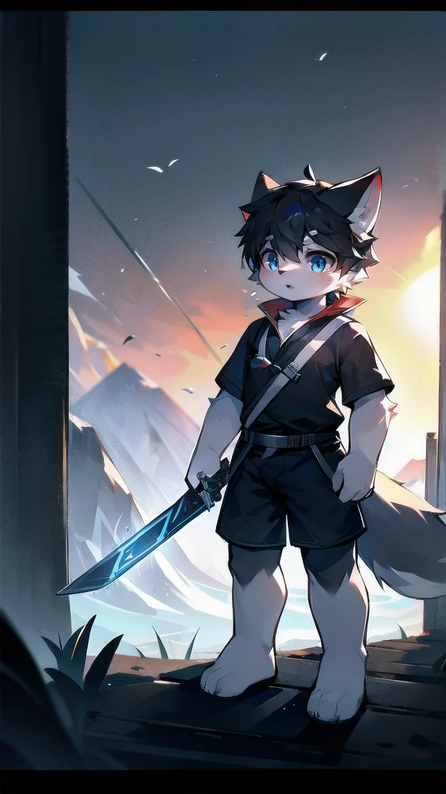 White Wolf,black hair,Sky blue eyes,hairy,Wolf ears,Wolf tail,Full body portrait,The character is in the center of the frame,Handsome,Confident eye***but,juvenile,Black and white combat uniform,Red neck bib,Black shorts,Short sleeve,hairy arms and legs,Dark background,Dark battlefield,dawn,sunrise,dawn,illumination,shadow,Swordsman,Scabbard and Hold the hilt of a in your hand,The scabbard is at the waist,Highest quality,A tall stature