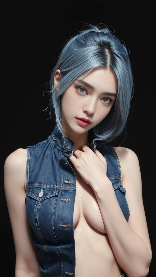 8K, Top Quality, Intricate Details, Ultra Detail, Ultra High Resolution, Masterpiece, close up shot, (full body: 1.1), Slender, Smile, (Makeup: 0.4), ((sexy pose,)), (Fluffy blue Eyes: 1.21), (()), 1girl, solo, 1 girl, ((blue hair, bangs, very long hair, )), close up shot, , ((tall)), (((fit body))), (((slim face))), sharp face, (( )) , (detailed face), sharp face, small lips, perfect hands, (()) ((, )), , ((open mini vest, torn denim, denim mini short,)), detailed face, detailed breast,, huge breast , ((detailed nipples)), detail ass, Narrow Waist, Skinny, tall , 175 cm tall, Muscular, Navel, Exposed Abdomen, Pointed Chest,, Beautiful girl with accentuated slender abs: 1.4, Six Pack Abs: 1.4, Bust Botox, Big, Perfect Body, detail leg, (( dark background)), black background,