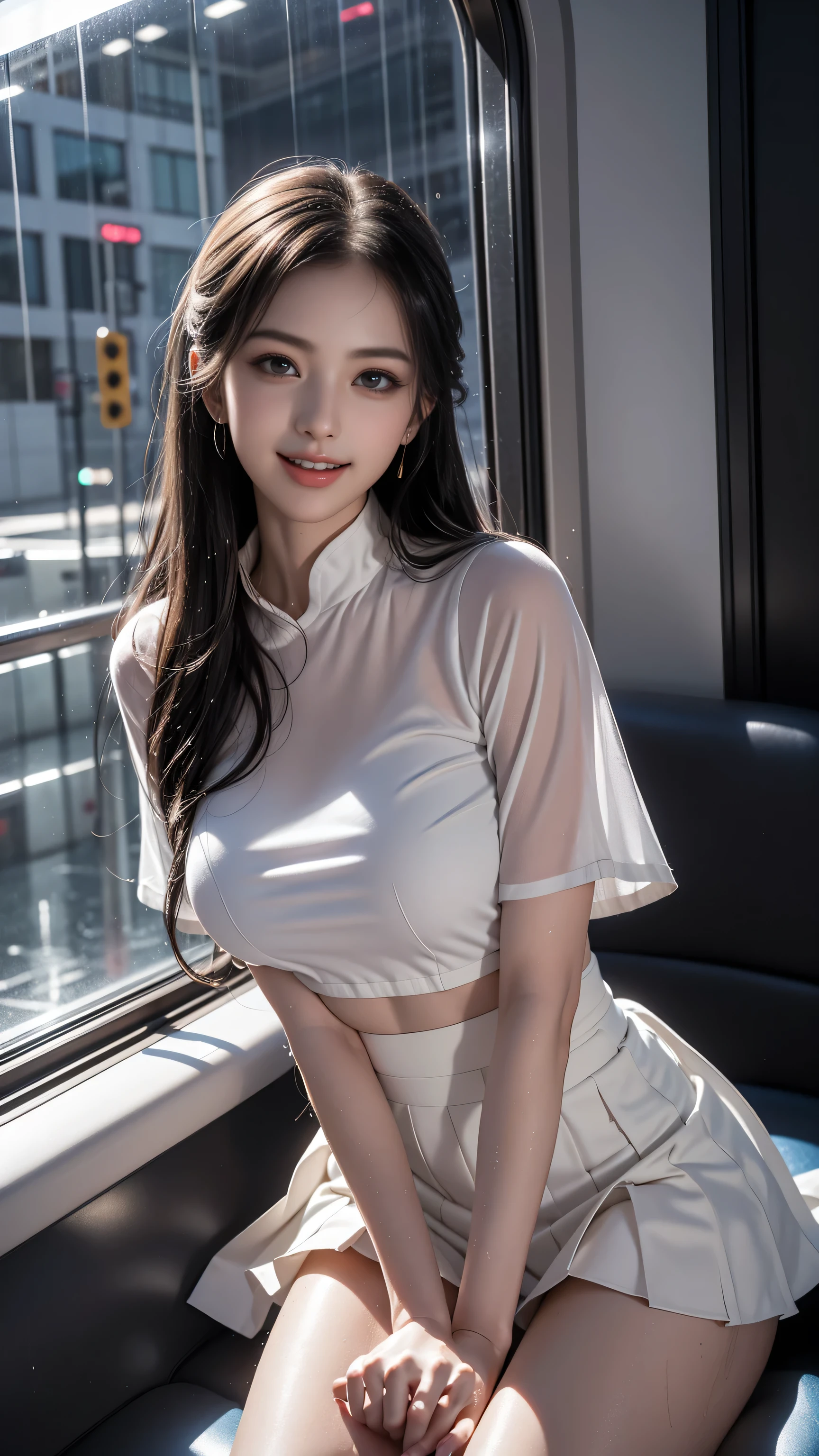 ((Realistic lighting, Best Quality, 8K, Masterpiece: 1.3)), Focus: 1.2, 1girl, Perfect Beauty: 1.4, Slim Abs: 1.1, (Big Breasts), (White Shirt: 1.4), (Outdoor, Night: 1.1), City Street, Super Fine Face, Fine Eyes, Double Eyelids, (Over the Knee Black Stockings: 1.5), (Wet in the Rain, Wet: 1.2)