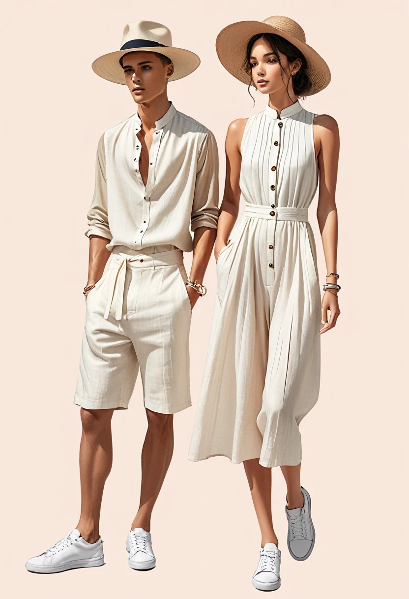 candid fashion illustration of young Mixed race man and woman, both aged 22 year old, ((showcase fashion look book in a off-White outfits)), inspired by Zara Summer collection in elegant young bohemian style. The man wears Relaxed-fit shirt in a linen and cotton blend. Stand-up collar with front button fastening. Long sleeves with buttoned cuffs., paired with Regular-fit shorts in airy linen with covered and a concealed drawstring at the waist, a fake fly, side pockets and welt back pockets. Fabric made from linen is breathable, beautiful both ironed and wrinkled, He completes his look with white sneakers, round sunglasses and bracelet. The woman complements him in a white Ankle-length dress, Calf-length, sleeveless dress in woven fabric featuring a round, frill-trimmed neckline and a keyhole opening with minimal detail, Her ensemble includes an accessorizes with a wide-brimmed straw hat, white sneakers, Captured in a dynamic angle, ((full-body image)), ((pastel color background)), sketching, realistic pencil lines, imperfect drawing, fading sketch, fashion look book, fashion illustrator, sketch design,