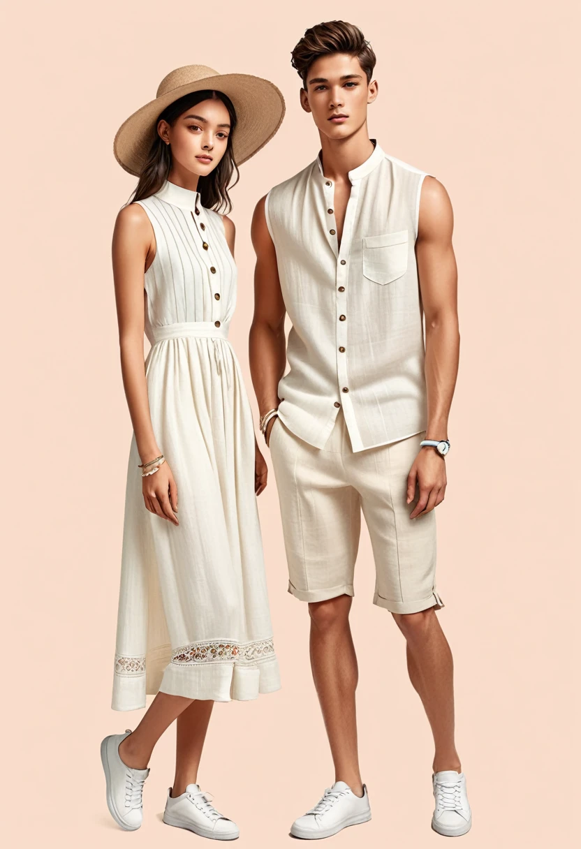candid fashion illustration of young Mixed race man and woman, both aged 22 year old, ((showcase fashion look book in a off-White outfits)), inspired by Zara Summer collection in elegant young bohemian style. The man wears  Relaxed-fit shirt in a linen and cotton blend. Stand-up collar with front button fastening. Long sleeves with buttoned cuffs., paired with Regular-fit shorts in airy linen with covered and a concealed drawstring at the waist, a fake fly, side pockets and welt back pockets. Fabric made from linen is breathable, beautiful both ironed and wrinkled, He completes his look with white sneakers, round sunglasses and bracelet. The woman complements him in a white Ankle-length dress, Calf-length, sleeveless dress in woven fabric featuring a round, frill-trimmed neckline and a keyhole opening with minimal detail, Her ensemble includes an accessorizes with a wide-brimmed straw hat, white sneakers, Captured in a dynamic angle, ((full-body image)), ((pastel color background)), sketching, realistic pencil lines, imperfect drawing, fading sketch, fashion look book, fashion illustrator, sketch design,
