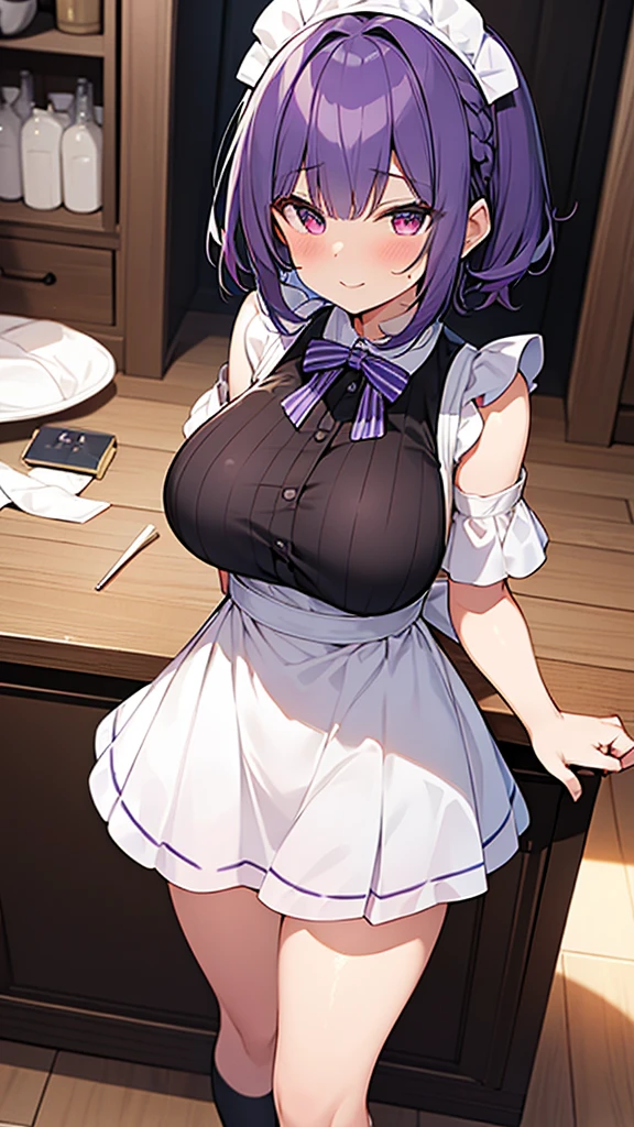 最high quality, high quality, Super detailed, 32k, Ultra-detailed details, Sister and maid, {{メイドのサキュバスは妹の顔になってる}}, (Standing, pretty girl, beautiful purple hair, short hair, Beautiful RED eyes, mature, Big Breasts, A light smile, Off-the-shoulder sleeveless Summer メイド服, Summer casual maid clothes, Short skirt, Blue and white color striped underwear, Black knee socks, loafers, She&#39;s holding up her skirt with both hands to show her underwear, 18-year-old,cute), A maid who moves her body vigorously without caring if her breasts bounce, Super detailed, indoor, Full body image, ((Head to Toe:1.3)), NSFW