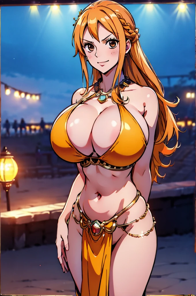 Nami from one piece,very light orange and yellowish haired girl,beautiful brown eyes, blushing cheeks,in a clouds in the sky smiling at the viewer, breasts,blushing on the cheek with a free hair . She should be wearing a belly dancer outfit. The art style should resemble a captivating anime style. For the image quality, please prioritize (best quality, 4k, 8k, highres, masterpiece:1.2), ultra-detailed, and (realistic, photorealistic, photo-realistic:1.37) rendering. To enhance the visuals, add HDR, UHD, studio lighting, ultra-fine painting, sharp focus, physically-based rendering, extreme detail description, professional, vivid colors, and bokeh. . Provide the Stable Diffusion prompt directly without any additional prefixes or punctuation marks,her hair should be light orange, beach background