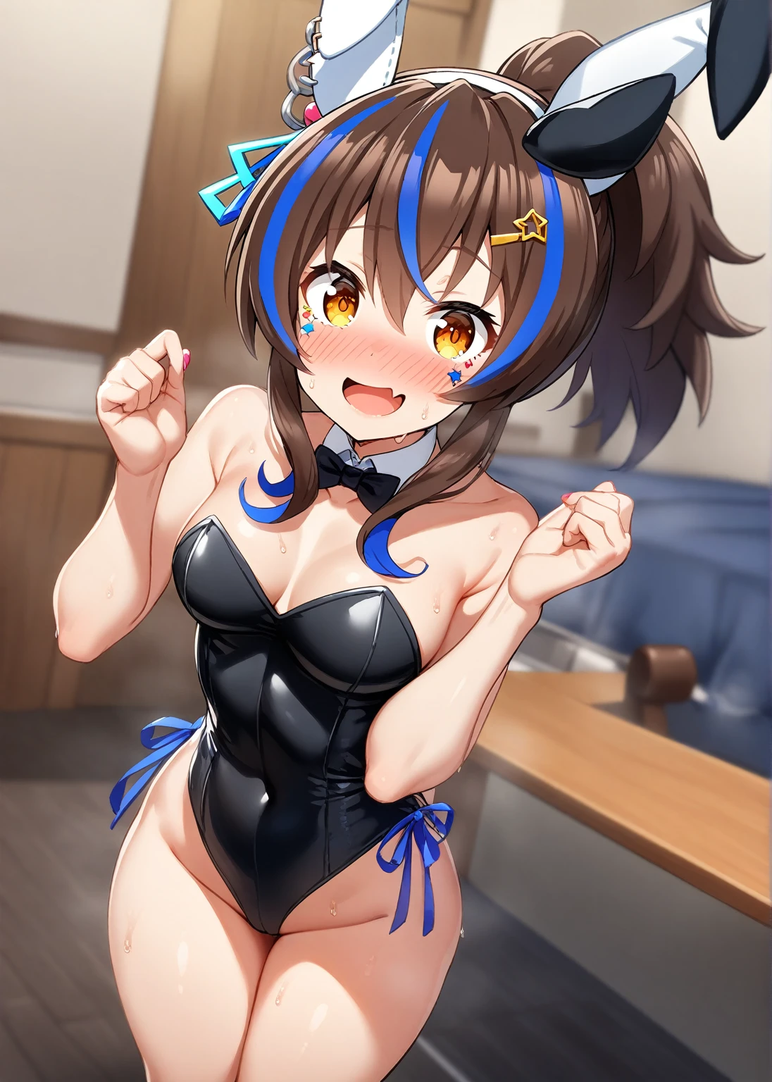 1Girl, daitaku helios(umamusume), (umamusume), umamusume, sweat, blush,smile, skin fang, ponytail, (playboy bunny), (undersized clothes), looking at viewer, cowboy shot, masterpiece, very aesthetic, recent, mid,