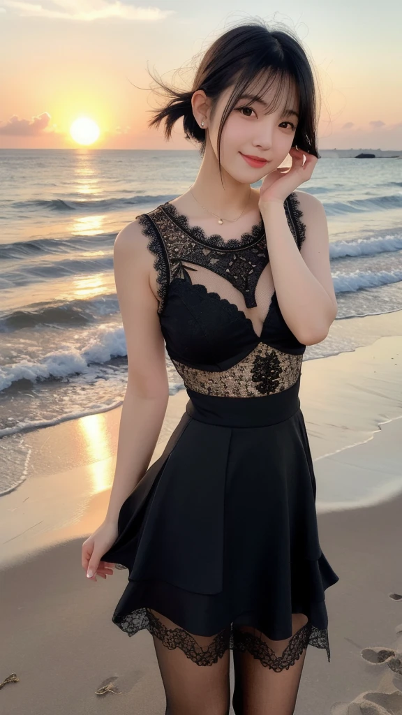 17 year old beautiful girl、Highest image quality、realistic、16K、beautiful woman、long hair、slim、With bangs、larger breasts、Black lace dress、on the sandy beach、Roll up the skirt of your dress to show off your thighs、smile、Basking in the sunset、Sunset beach、panoramic、Full body figure