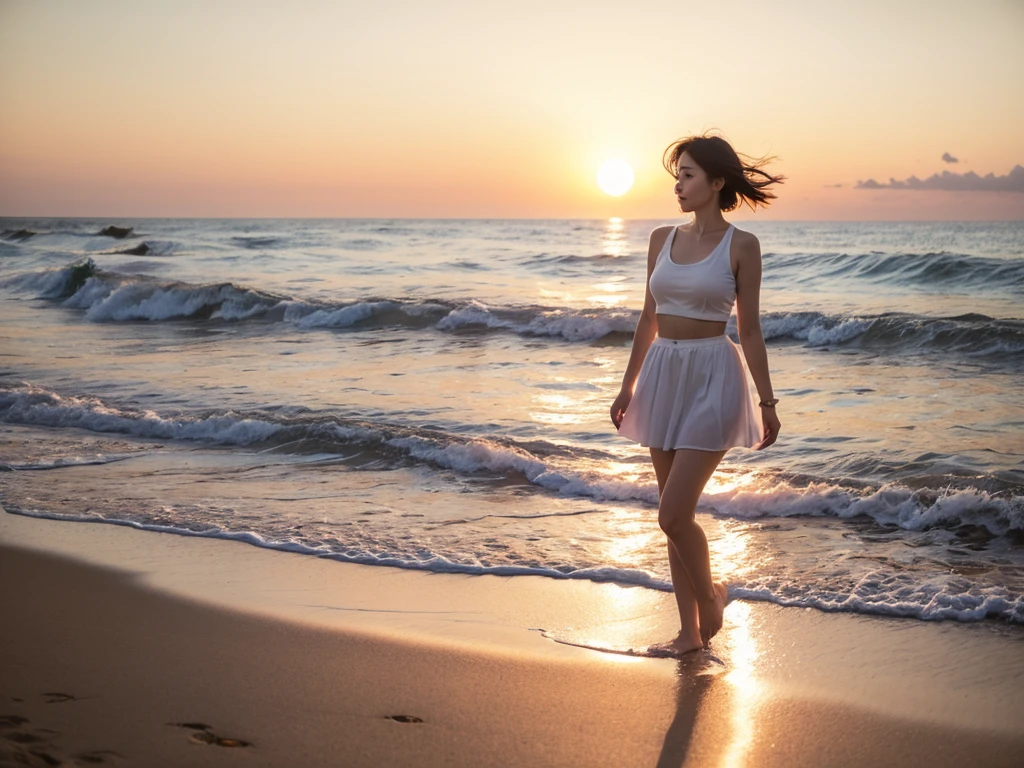 Full body photo of a beautiful 46-year-old Korean woman, Chest size 34 inches, Wear a rolled-up sleeveless top, light and pale white skirt, sunset red light on the beach,afterglow of the sea beach beach sunset red sun,A strong lingering scent is reflected in the sea., Beautiful 46-year-old short Korean woman, Short medium hair blowing in the wind,Full-body photo taken from afar with a wide-angle lens, The background of the waves is clean and perfect.., waves moved by the wind, best high definition, short woman