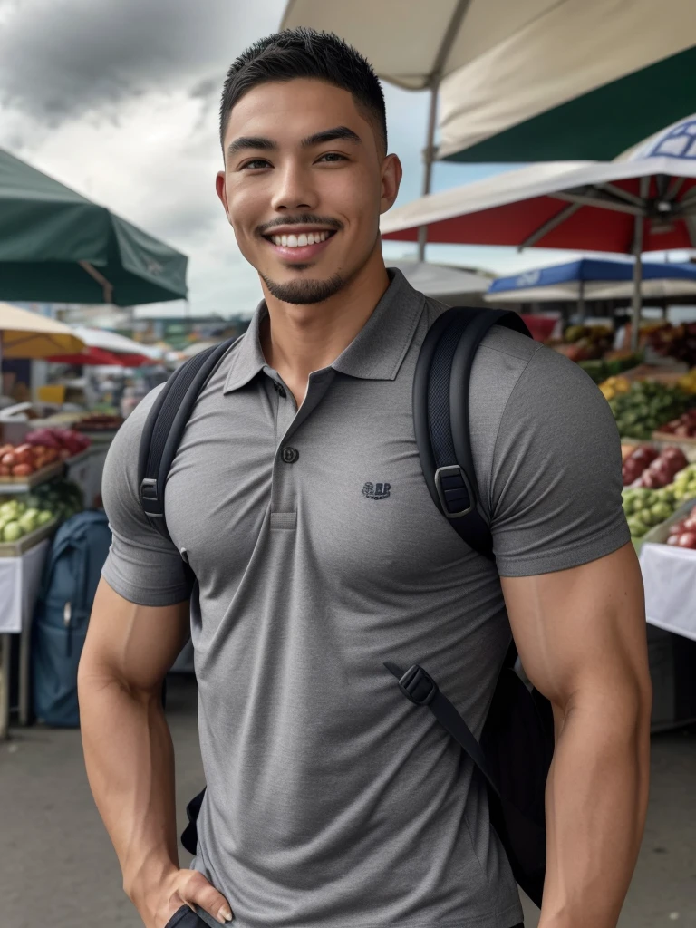 Tony Labrusca, Young man in a gray polo shirt Standing at the edge of the market with a smile on his face, looking into the distance Turn your head slightly.，Cloudy day, (Backpack:1.2)