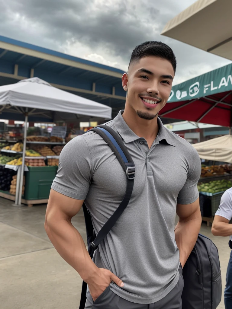Tony Labrusca, Young man in a gray polo shirt Standing at the edge of the market with a smile on his face, looking into the distance Turn your head slightly.，Cloudy day, (Backpack:1.2)