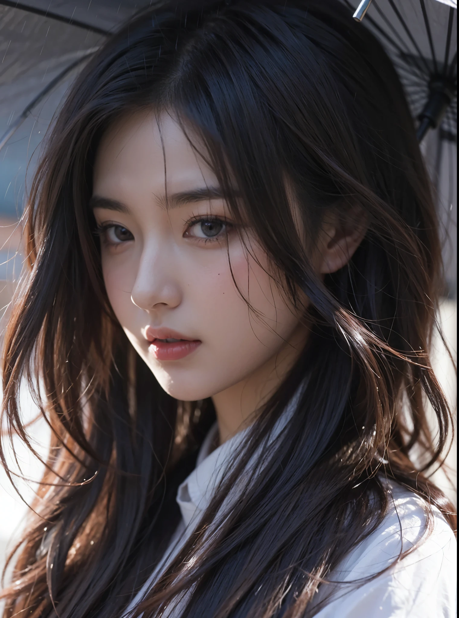 Beautiful Japanese waifu, brunette hair, holding a umbrella, in the rain 