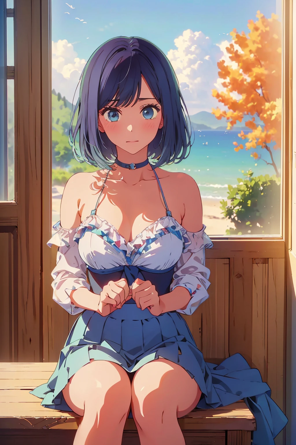 (Highest quality:1.4、masterpiece:1.4、Super detailed:1.4、8K:1.4)、bikini、F cup bust、Medium breast、sit、Big eyes、Very cute face、Soft Breasts