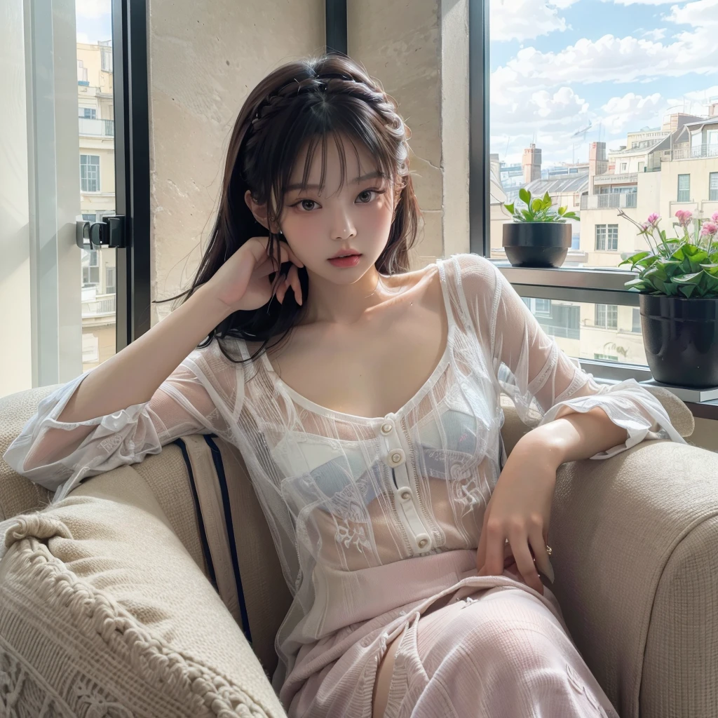 1 girl, korean girl, jennie kim, beautiful detailed eyes, beautiful detailed lips, extremely detailed face, longeyelashes, elegant, graceful, sitting on armchair, aesthetic living room, modern interior, large windows, natural lighting, soft pastel colors, warm tones, photorealistic, hyperrealistic, 8k, best quality, masterpiece, (realistic:1.37), (photorealistic:1.37), (ultra-detailed:1.2), (best quality:1.2), (8k:1.2), (high resolution:1.2)