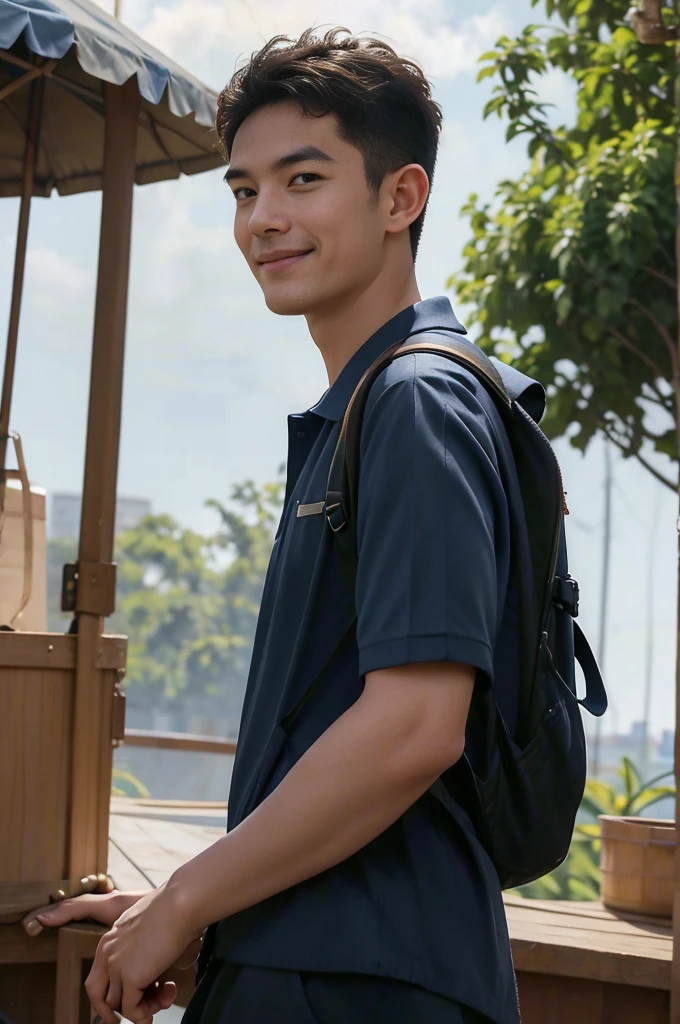 Young man in a navy blue polo shirt Standing at the edge of the market with a smile on his face, looking into the distance Turn your head slightly.,Cloudy day, (Backpack:1.2)
