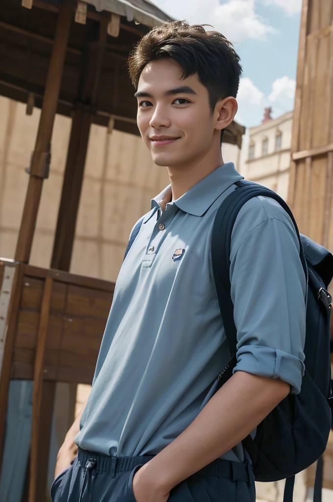 Young man in a navy blue polo shirt Standing at the edge of the market with a smile on his face, looking into the distance Turn your head slightly.，Cloudy day, (Backpack:1.2)