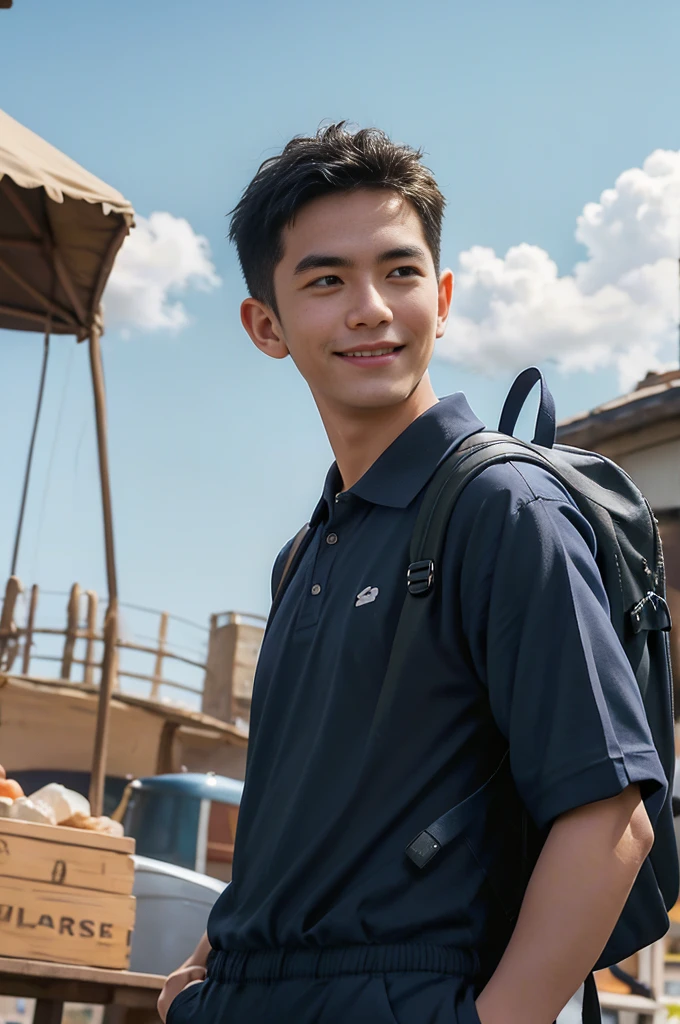 Young man in a navy blue polo shirt Standing at the edge of the market with a smile on his face, looking into the distance Turn your head slightly.,Cloudy day, (Backpack:1.2)