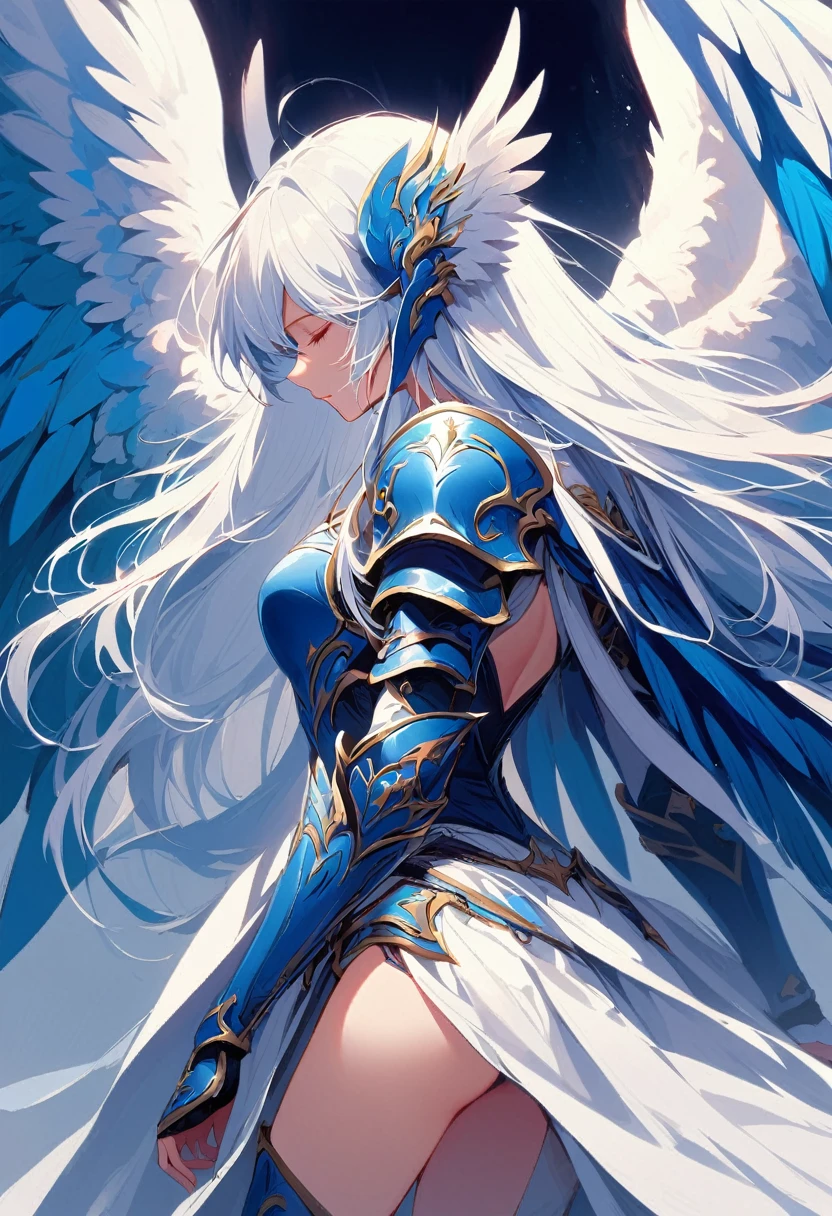 1girl angel angel_wings armor feathers_Long wing feathers_Hair Shoulder Armor Shoulder_Armor single piece_Upper wing separation_The body is white_Theme blue_Wings Wings
