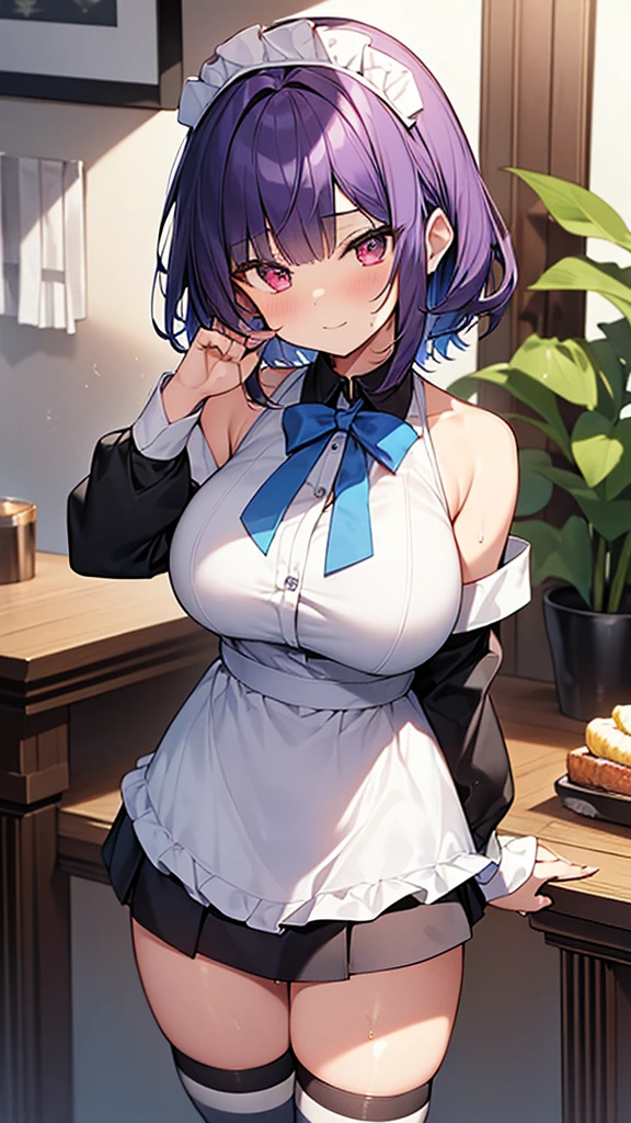 最high quality, high quality, Super detailed, 32k, Ultra-detailed details, Sister and maid, (only, Standing, pretty girl, beautiful purple hair, short hair, Beautiful RED eyes, mature, Big Breasts, A light smile, Off-the-shoulder sleeveless Summer メイド服, Summer casual maid clothes, Short skirt, Blue and white color striped underwear, Black knee socks, loafers, My crotch is wet with love juice, 18-year-old,cute), {{ターゲットの男の妹,The succubus infiltrates the mansion, peels the skin off her sister's face, replaces it with her own, and puts on a maid outfit with her sister's face, lifting her skirt to show her underwear., Mature body and sister's face}, She has transformed from a shy maid into a lewd one., A maid with her sister's face stuck on her face is vigorously pistoning her body, A maid who moves her body vigorously without caring if her breasts bounce, Super detailed, indoor, Full body image, ((Head to Toe:1.3)), NSFW