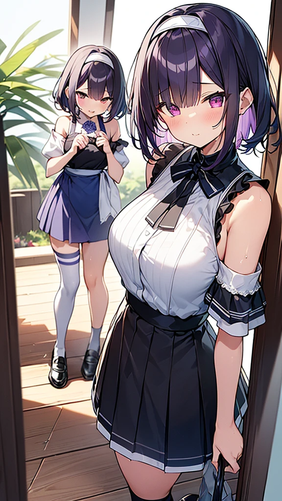 最high quality, high quality, Super detailed, 32k, Ultra-detailed details, Sister and maid, (only, Standing, pretty girl, beautiful purple hair, short hair, Beautiful RED eyes, mature, Big Breasts, A light smile, Off-the-shoulder sleeveless Summer メイド服, Summer casual maid clothes, Short skirt, Blue and white color striped underwear, Black knee socks, loafers, My crotch is wet with love juice, 18-year-old,cute), {{ターゲットの男の妹,The succubus infiltrates the mansion, peels the skin off her sister's face, replaces it with her own, and puts on a maid outfit with her sister's face, lifting her skirt to show her underwear., Mature body and sister's face}, She has transformed from a shy maid into a lewd one., A maid with her sister's face stuck on her face is vigorously pistoning her body, A maid who moves her body vigorously without caring if her breasts bounce, Super detailed, indoor, Full body image, ((Head to Toe:1.3)), NSFW
