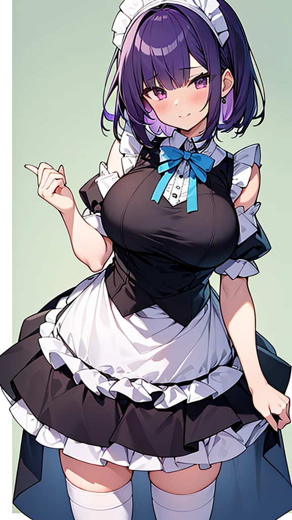 最high quality, high quality, Super detailed, 32k, Ultra-detailed details, Sister and maid, {{メイドのサキュバスは妹の顔になってる}}, (Standing, pretty girl, beautiful purple hair, short hair, Beautiful RED eyes, mature, Big Breasts, A light smile, Off-the-shoulder sleeveless Summer かわいい メイド服, Summer casual maid clothes, Short skirt, Blue and white color striped underwear, Black knee socks, loafers, She&#39;s holding up her skirt with both hands to show her underwear, 18-year-old,cute), A maid who moves her body vigorously without caring if her breasts bounce, Super detailed, indoor, Full body image, ((Head to Toe:1.3)), NSFW