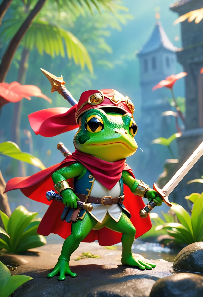 Esbian all over、Cool Frog、Pop Frog、Diorama、Simple Background、bandana、Holding a big sword in his hand、Brave、Cape、Best Quality, Capture the cutest moments, Depth of written boundary, Super detailed, Ultra-high resolution, Octadale, 8k, 16km race