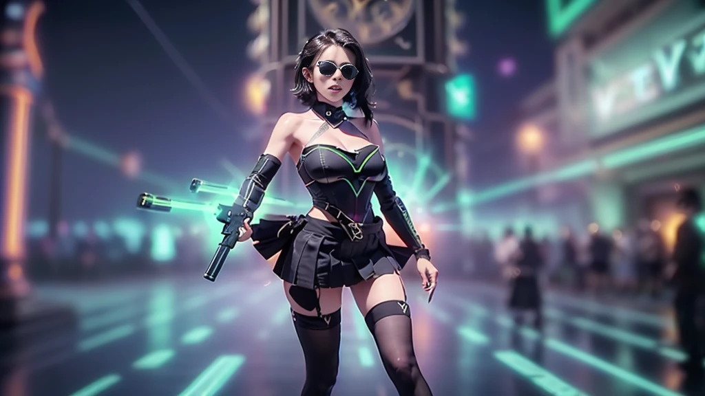 (aerial view). at night, futuristic sci-fi cyberpunk city, broad viaduct, skyscrapers at the end of the viaduct, the movie "13th Floor" style, (((((voltex-spirit-spreading giant clock tower as time machine))))), hq. Matrix style, at night, (1girl, solo), photo realistic, (large-breast:1.2 slim body, cleavage:1.3), (((tube top, extreamly short pleated (((miniskirt)))))), (((((matrix style black sunglasses))))), (((((aiming at camera with a (short:0.8 pistol)))))), (((half-body (thigh level) medium shot))), (cinematic lighting).