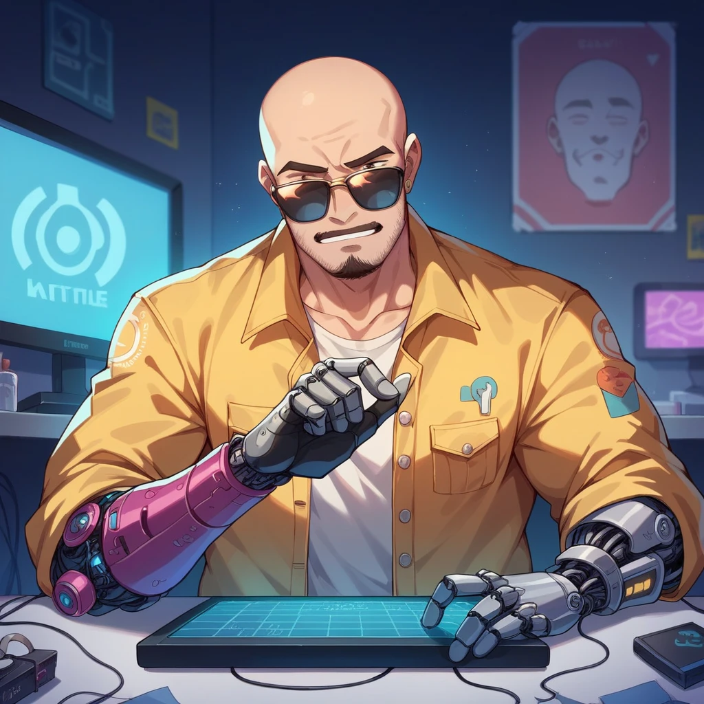 A 30 year old guy, bald man with stylish brown beard, athletic body, wearing yellow jacket with blue neon, sunglasses, robotic arm implants, connected ends, in his bedroom, using a computer to hack, sci fi environment, night-time, POV view
