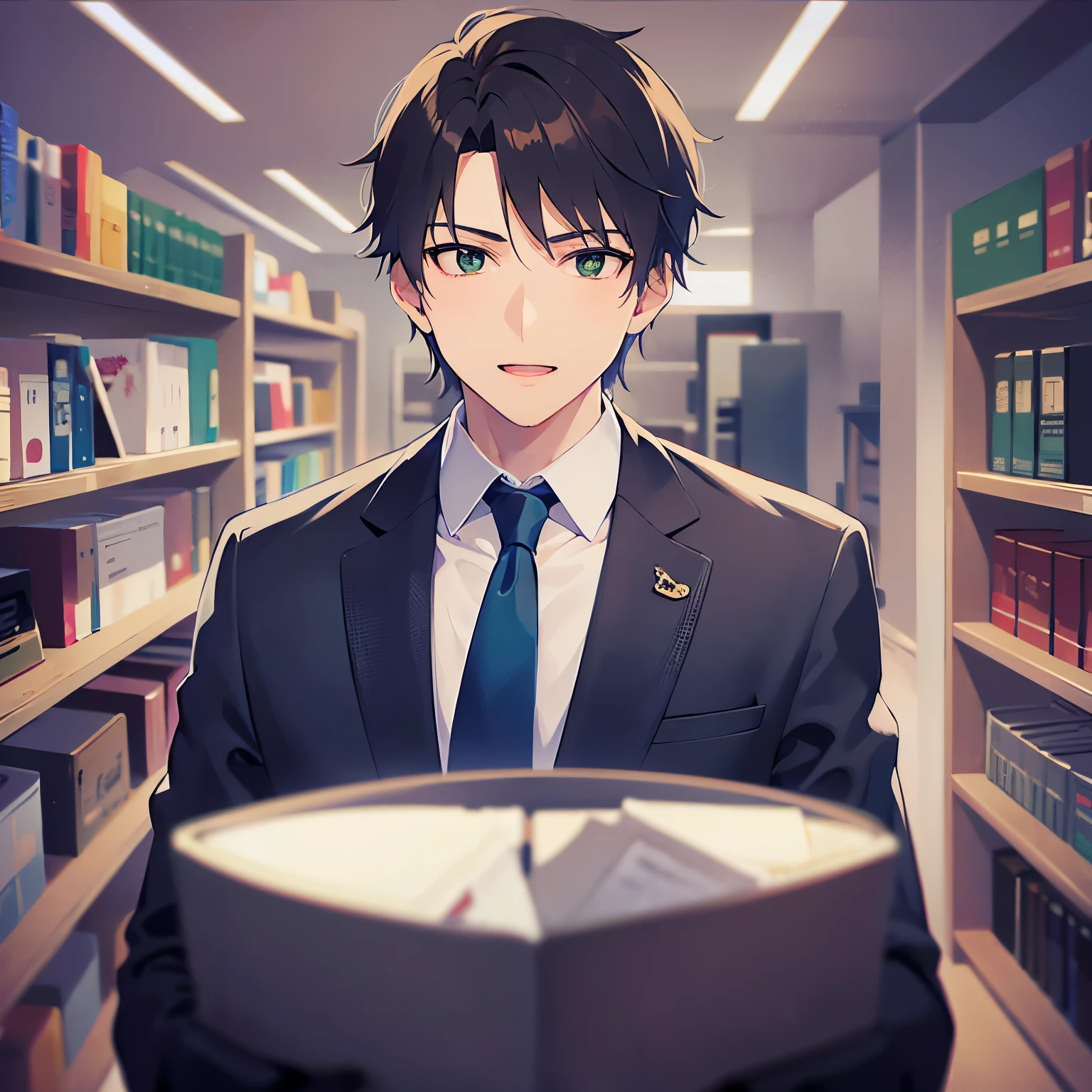 Close-up of your face、(looking away:1.5), sshiny skin、masterpiece、Highest quality、(25-year-old male:1.5) and (Brown short hair) and (Green Eyes), (Wearing a suit:1.3) and (Blue tie)、Are standing、smile、open mouth, Background in the office、alone, 