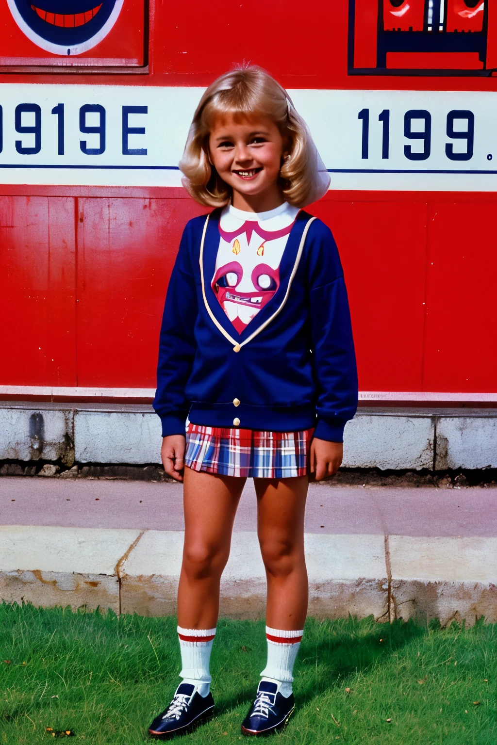 England, 1988. full body, A little ((((-yeld)) tense)), at school yard, ((evil smile)), ((((clothings from the 1980s)))), ((blonde hairstyle of the 1980s))