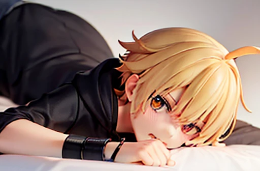 boy　Receiving face　I hate it　cute　One person　Thin　A man resisting　Very short hair　Very short antennae　short　angry　One person　Constraints　handcuffs　boy　handcuffs　Blonde　Orange Eyes　bed　hoodie　Lying down　Crying face　One person