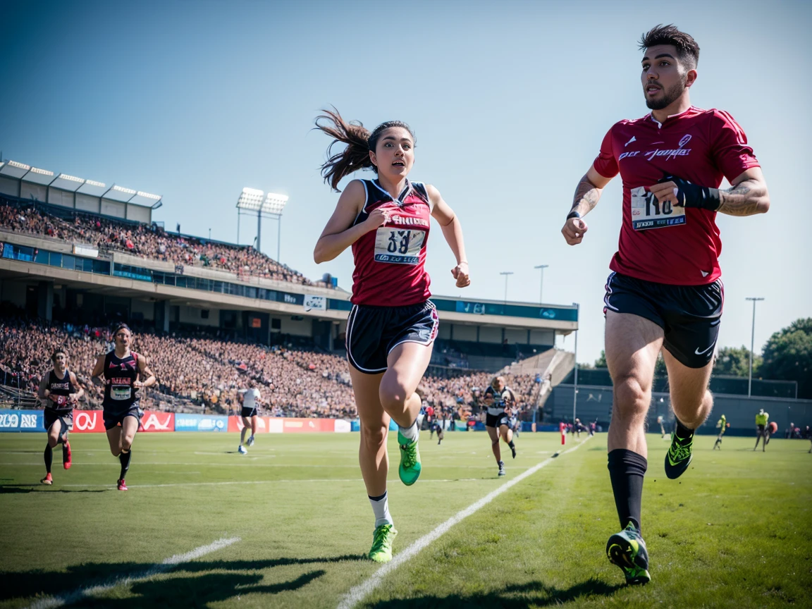 many people running together in a group on a field, sports setting, sports photography, sport photography, professional sports style, sport game, high quality wallpaper, canines sports photo, sports broadcast, sports clothing, sport, action sports, athlete photography, athletic footage, 4k, high-quality wallpaper,