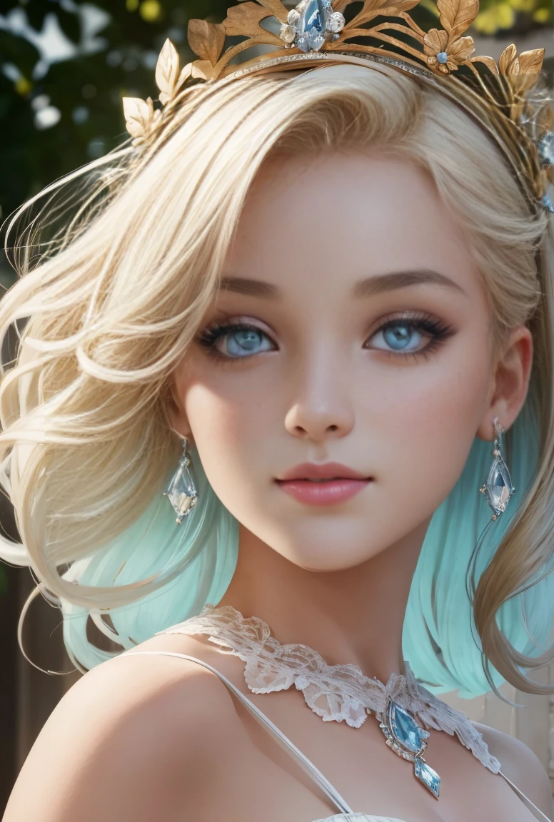 Une fMarylin Monroe habillée régalement un portrait illustré numériquement d'une femme un personnage féminin rendu numériquement avec une beauté classique, avec une peau pâle, des lèvres complètes avec un rouge à lèvres rouge à lèvres et des yeux bleus frappants. Elle est ornée d'une couronne de laurier dorée et de boucles d'oreilles dorées assorties aux motifs circulaires, rappelant la mode ancienne grecque ou romaine. Ses cheveux blonds ondulés en cascade avec élégance autour de ses épaules, et l'expression sereine sur son visage couplée à l'ambiance douce crée un portrait élégant et intemporel.