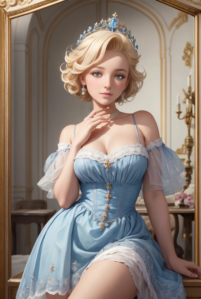 Une fMarylin Monroe habillée régalement un portrait illustré numériquement d'une femme un personnage féminin rendu numériquement avec une beauté classique, avec une peau pâle, des lèvres complètes avec un rouge à lèvres rouge à lèvres et des yeux bleus frappants. Elle est ornée d'une couronne de laurier dorée et de boucles d'oreilles dorées assorties aux motifs circulaires, rappelant la mode ancienne grecque ou romaine. Ses cheveux blonds ondulés en cascade avec élégance autour de ses épaules, et l'expression sereine sur son visage couplée à l'ambiance douce crée un portrait élégant et intemporel.