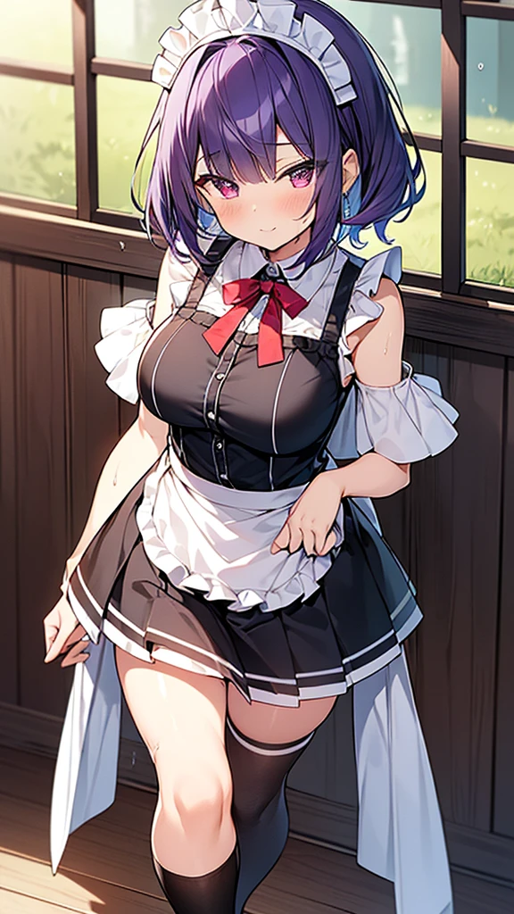 最high quality, high quality, Super detailed, 32k, Ultra-detailed details, Sister and maid, (only, Standing, pretty girl, beautiful purple hair, short hair, Beautiful RED eyes, mature, Big Breasts, A light smile, Off-the-shoulder sleeveless Summer メイド服, Summer casual maid clothes, Short skirt, Blue and white color striped underwear, Black knee socks, loafers, My crotch is wet with love juice, 18-year-old,cute), {{ターゲットの男の妹,The succubus infiltrates the mansion, peels the skin off her sister's face, replaces it with her own, and puts on a maid outfit with her sister's face, lifting her skirt to show her underwear., Mature body and sister's face}, She has transformed from a shy maid into a lewd one., A maid with her sister's face stuck on her face is vigorously pistoning her body, A maid who moves her body vigorously without caring if her breasts bounce, Super detailed, indoor, Full body image, ((Head to Toe:1.3)), NSFW