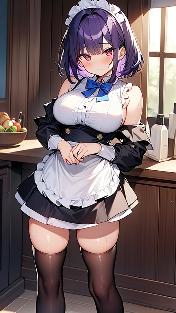 最high quality, high quality, Super detailed, 32k, Ultra-detailed details, Sister and maid, (only, Standing, pretty girl, beautiful purple hair, short hair, Beautiful RED eyes, mature, Big Breasts, A light smile, Off-the-shoulder sleeveless Summer メイド服, Summer casual maid clothes, Short skirt, Blue and white color striped underwear, Black knee socks, loafers, My crotch is wet with love juice, 18-year-old,cute), {{ターゲットの男の妹,The succubus infiltrates the mansion, peels the skin off her sister&#39;s face, replaces it with her own, and puts on a maid outfit with her sister&#39;s face, lifting her skirt to show her underwear., Mature body and sister&#39;s face}, She has transformed from a shy maid into a lewd one., A maid with her sister&#39;s face stuck on her face is vigorously pistoning her body, A maid who moves her body vigorously without caring if her breasts bounce, Super detailed, indoor, Full body image, ((Head to Toe:1.3)), NSFW