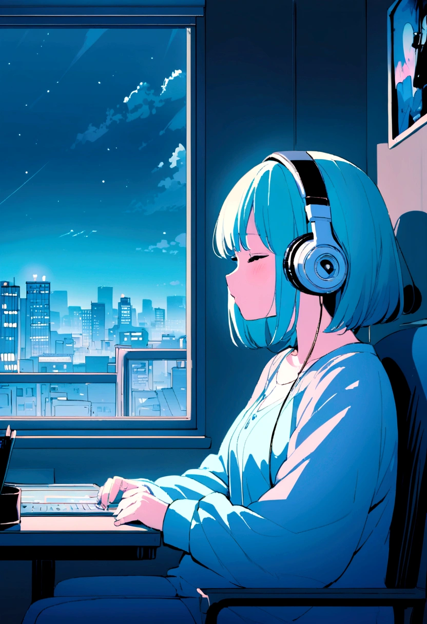 Portrait、512、Lo-Fi、Girl sitting on a chair wearing headphones、Take a nap at your desk、close your eyes、city view outside the window、night、pastel colour、Painting