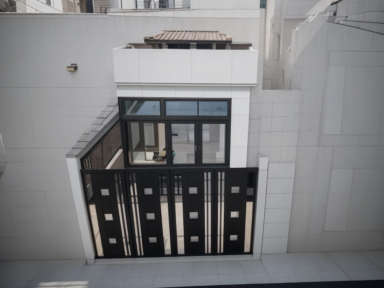 a 1-story townhouse with 3 bedrooms, detailed architectural exterior, minimalist design, clean lines, large windows, natural lighting, brick facade, tile roof, lush green landscaping, manicured garden, paved driveway, parked car, ambient lighting, cozy and inviting atmosphere