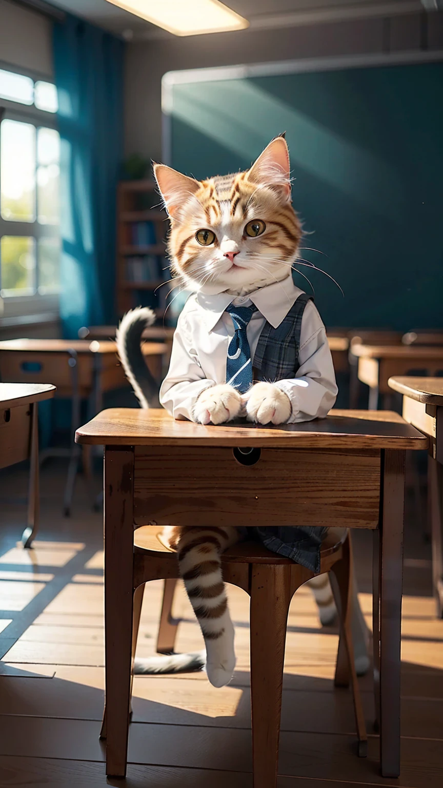 (Highest quality, masterpiece:1.2),pressure, In the classroom, 1 High school girl, Main cat, alone, Depth of written boundary, High resolution, 超High resolution, 8K, Very detailed, Realistic, Sun light