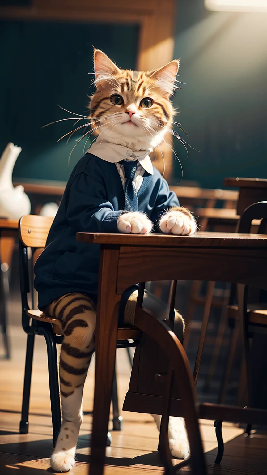 (Highest quality, masterpiece:1.2),pressure, In the classroom, 1 High school girl, Main cat, alone, Depth of written boundary, High resolution, 超High resolution, 8K, Very detailed, Realistic, Sun light