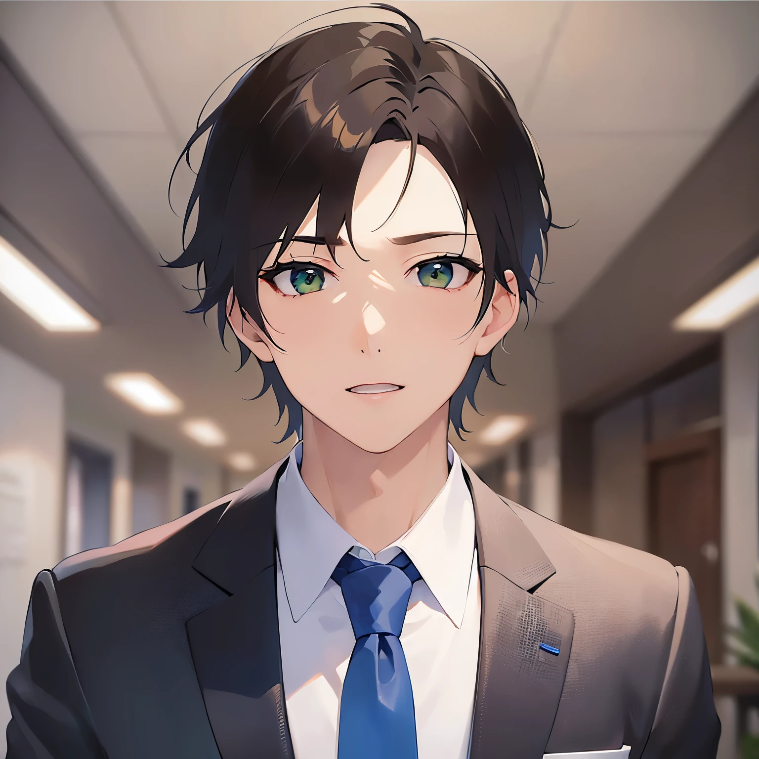 Close-up of your face、shiny skin、masterpiece、Highest quality、(25-year-old male:1.5) and (Brown short hair) and (Green Eyes), (Wearing a suit:1.3) and (Blue tie)、Are standing、surprised、open mouth, Background in the office、alone,