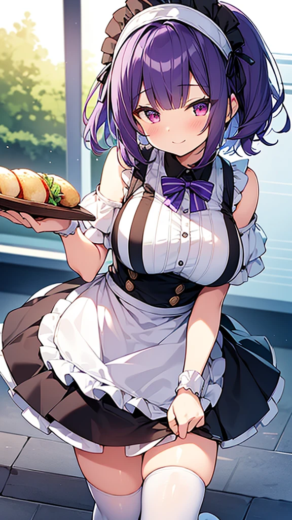 最high quality, high quality, Super detailed, 32k, Ultra-detailed details, Sister and maid, {{メイドのサキュバスは妹の顔になってる}}, (Standing, pretty girl, beautiful purple hair, short hair, Beautiful RED eyes, mature, Big Breasts, A light smile, Off-the-shoulder sleeveless Summer かわいい メイド服, Summer casual maid clothes, Short skirt, Blue and white color striped underwear, Black knee socks, loafers, She&#39;s holding up her skirt with both hands to show her underwear, 18-year-old,cute), A maid who moves her body vigorously without caring if her breasts bounce, Super detailed, indoor, Full body image, ((Head to Toe:1.3)), NSFW