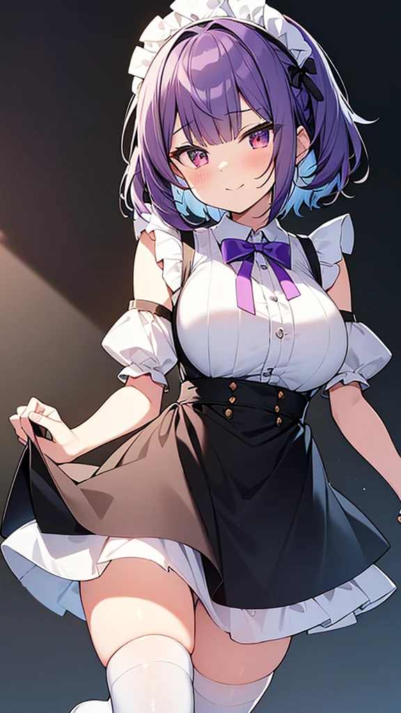 最high quality, high quality, Super detailed, 32k, Ultra-detailed details, Sister and maid, {{メイドのサキュバスは妹の顔になってる}}, (Standing, pretty girl, beautiful purple hair, short hair, Beautiful RED eyes, mature, Big Breasts, A light smile, Off-the-shoulder sleeveless Summer かわいい メイド服, Summer casual maid clothes, Short skirt, Blue and white color striped underwear, Black knee socks, loafers, She&#39;s holding up her skirt with both hands to show her underwear, 18-year-old,cute), A maid who moves her body vigorously without caring if her breasts bounce, Super detailed, indoor, Full body image, ((Head to Toe:1.3)), NSFW