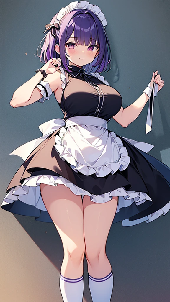 最high quality, high quality, Super detailed, 32k, Ultra-detailed details, Sister and maid, {{メイドのサキュバスは妹の顔になってる}}, (Standing, pretty girl, beautiful purple hair, short hair, Beautiful RED eyes, mature, Big Breasts, A light smile, Off-the-shoulder sleeveless Summer かわいい メイド服, Summer casual maid clothes, Short skirt, Blue and white color striped underwear, Black knee socks, loafers, She&#39;s holding up her skirt with both hands to show her underwear, 18-year-old,cute), A maid who moves her body vigorously without caring if her breasts bounce, Super detailed, indoor, Full body image, ((Head to Toe:1.3)), NSFW